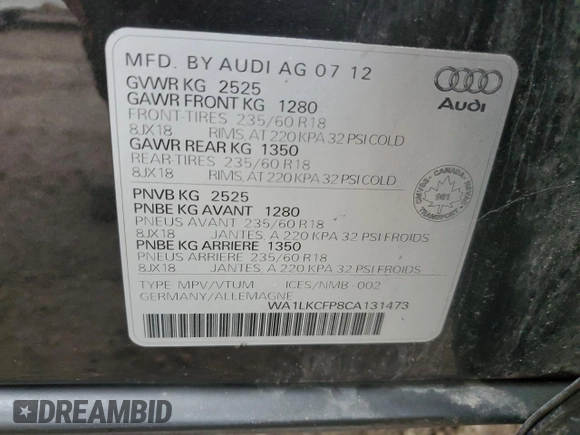 2012 Audi Q5 Premium with VIN WA1LKCFP8CA131473, listed as a Copart auction lot 81645724 with 198,173 mi miles and Clean title. Bid and sale history available at DreamBid. Image 14.