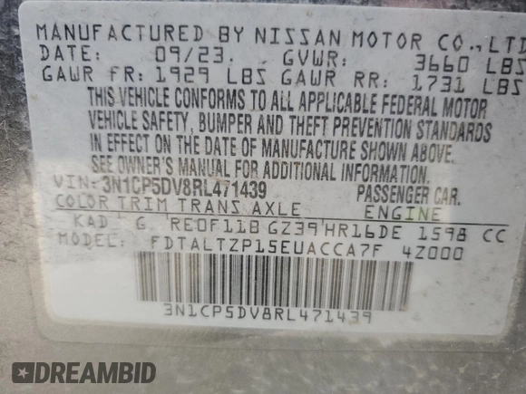 2024 Nissan Kicks SR with VIN 3N1CP5DV8RL471439, listed as a Copart auction lot 51824445 with 49,879 mi miles and Salvage Title. Bid and sale history available at DreamBid. Image 13.