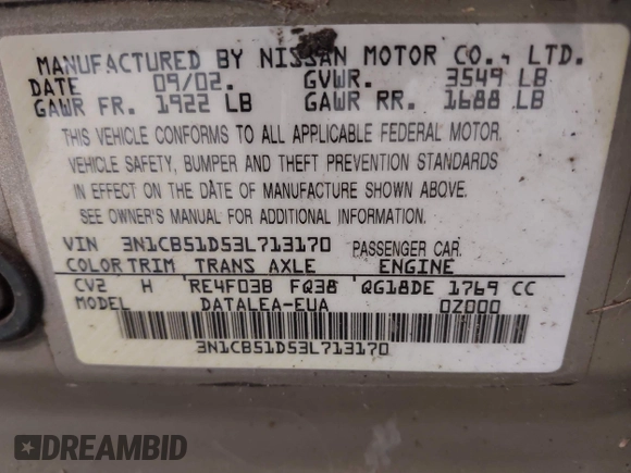 2003 Nissan Sentra XE with VIN 3N1CB51D53L713170, listed as a IAAI auction lot 40382376 with 104,505 mi miles and . Bid and sale history available at DreamBid. Image 9.
