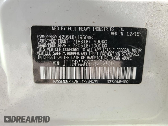 2015 Subaru Impreza 2.0i z VIN JF1GPAA69F8252803, wystawiony jako Copart lot #49674435 z przebiegiem 87 086 mil mil oraz Szkoda całkowita • Salvage title. Historia ofert i sprzedaży dostępna na DreamBid. Obrazek 12.