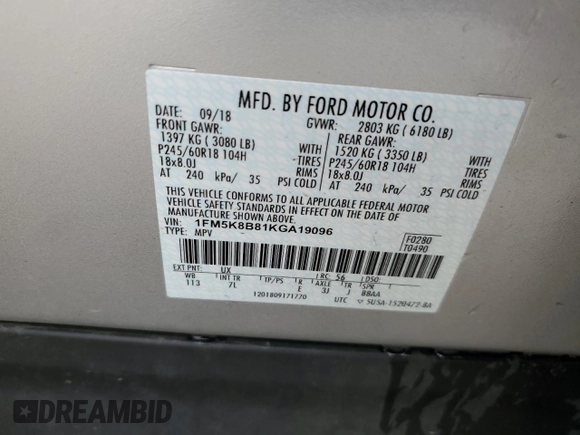 2019 Ford Explorer с VIN 1FM5K8B81KGA19096, выставлен на аукционе Copart как лот 59513615 с пробегом 88 406 миль миль и Списание • Salvage title. История ставок и продаж доступна на DreamBid. Изображение 13.