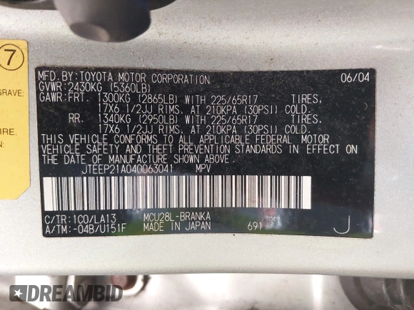 2004 Toyota Highlander z VIN JTEEP21A040063041, wystawiony jako IAAI lot #42156663 z przebiegiem 157 963 mil mil oraz . Historia ofert i sprzedaży dostępna na DreamBid. Obrazek 9.