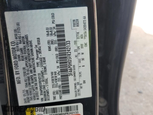 2015 Ford Fusion SE with VIN 3FA6P0HD5FR242133, listed as a Copart auction lot 66031155 with 122,979 mi miles and Clean title. Bid and sale history available at DreamBid. Image 12.