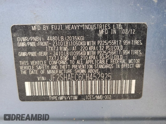 2012 Subaru Forester X Limited with VIN JF2SHAEC6CH452925, listed as a Copart auction lot 56155475 with 226,586 mi miles and Clean title. Bid and sale history available at DreamBid. Image 13.