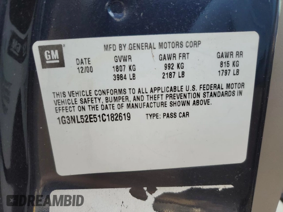 2001 Oldsmobile Alero GL2 with VIN 1G3NL52E51C182619, listed as a Copart auction lot 51489945 with 123,734 mi miles and Salvage Title. Bid and sale history available at DreamBid. Image 12.