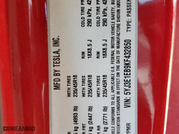 2019 Tesla Model 3 Long Range with VIN 5YJ3E1EB9KF432850, listed as a Copart auction lot 50470255 with 57,178 mi miles and Salvage Title. Bid and sale history available at carsss.com. Image 14.