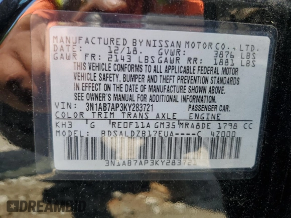 2019 Nissan Sentra S with VIN 3N1AB7AP3KY283721, listed as a Copart auction lot 55915895 with 105,917 mi miles and Salvage title. Bid and sale history available at DreamBid. Image 12.