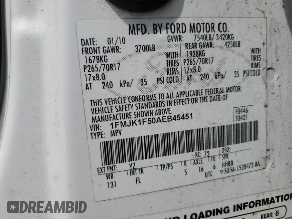 2010 Ford Expedition Max SSV with VIN 1FMJK1F50AEB45451, listed as a Copart auction lot 54194775 with 185,847 mi miles and Salvage title. Bid and sale history available at DreamBid. Image 14.