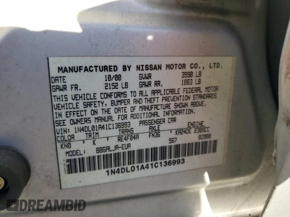 2001 Nissan Altima GXE with VIN 1N4DL01A41C136993, listed as a Copart auction lot 85097544 with 0 mi miles and Salvage Title. Bid and sale history available at carsss.com. Image 15.