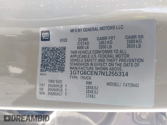 2022 GMC Canyon 4WD Elevation с VIN 1GTG6CEN7N1255314, выставлен на аукционе IAAI как лот 42318599 с пробегом 59 108 миль миль и . История ставок и продаж доступна на DreamBid. Изображение 9.