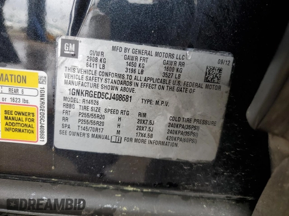 2012 Chevrolet Traverse 1LT with VIN 1GNKRGED5CJ408681, listed as a Copart auction lot 51266715 with 179,662 mi miles and Salvage Title. Bid and sale history available at DreamBid. Image 15.