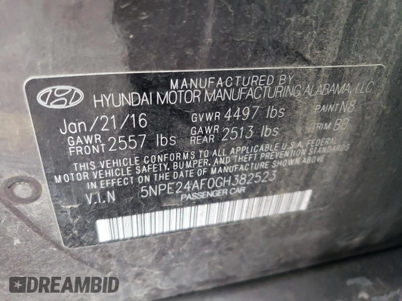 2016 Hyundai Sonata SE with VIN 5NPE24AF0GH382523, listed as a Copart auction lot 45499485 with 114,038 mi miles and Salvage Title. Bid and sale history available at carsss.com. Image 12.