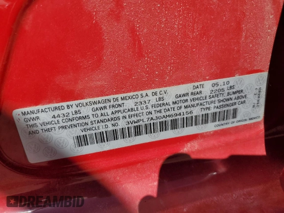 2010 Volkswagen Jetta TDI with VIN 3VWPL7AJ0AM694156, listed as a Copart auction lot 59969895 with 179,106 mi miles and Salvage title. Bid and sale history available at DreamBid. Image 13.