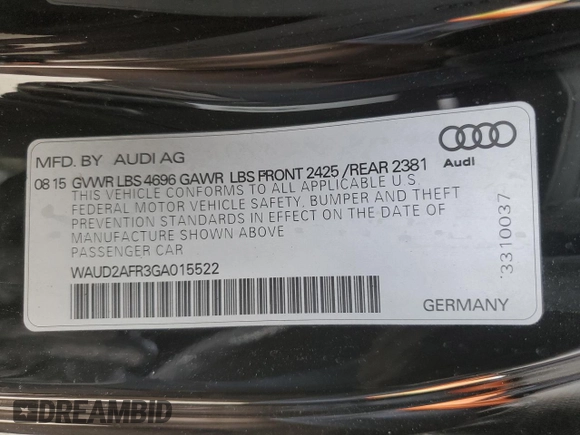 2016 Audi A5 Premium with VIN WAUD2AFR3GA015522, listed as a Copart auction lot 50330945 with 78,105 mi miles and Salvage title. Bid and sale history available at DreamBid. Image 12.