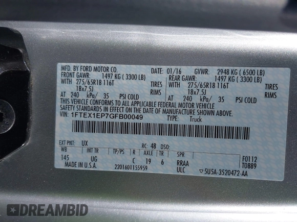2016 Ford F-150 XLT with VIN 1FTEX1EP7GFB00049, listed as a IAAI auction lot 41638643 with 13,001 mi miles and . Bid and sale history available at DreamBid. Image 9.