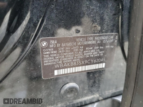 2009 BMW 7 Series 750Li with VIN WBAKB835X9CY62045, listed as a Copart auction lot 78865724 with 132,879 mi miles and Clean title. Bid and sale history available at DreamBid. Image 12.
