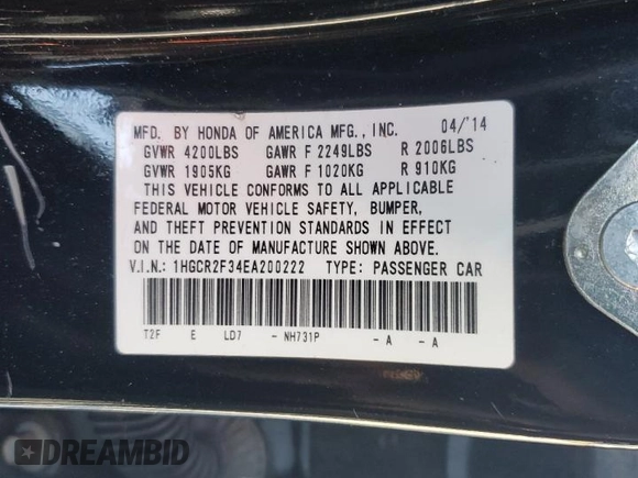 2014 Honda Accord Sedan LX with VIN 1HGCR2F34EA200222, listed as a Copart auction lot 87826485 with Not Provided miles and Salvage Title. Bid and sale history available at carsss.com. Image 12.