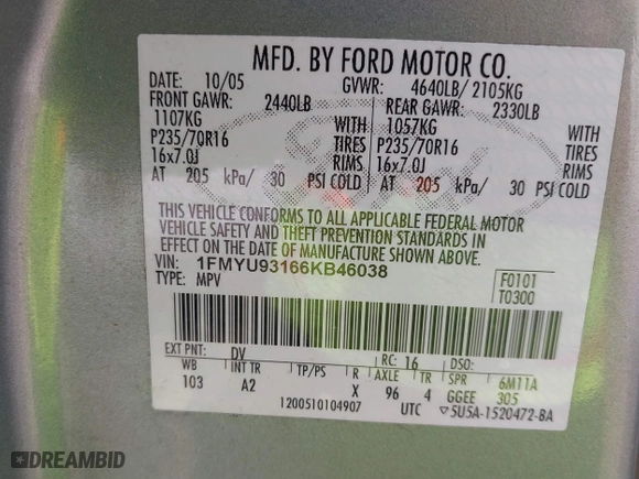 2006 Ford Escape XLT with VIN 1FMYU93166KB46038, listed as a IAAI auction lot 41877801 with 278,459 mi miles. Bid and sale history available at carsss.com. Image 9.