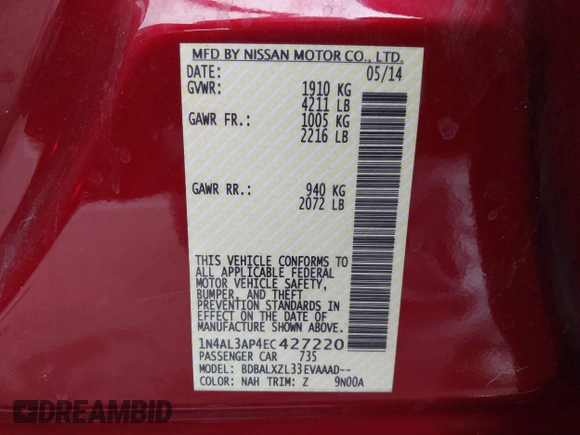 2014 Nissan Altima S with VIN 1N4AL3AP4EC427220, listed as a IAAI auction lot 41953077 with 72,695 mi miles and . Bid and sale history available at DreamBid. Image 9.