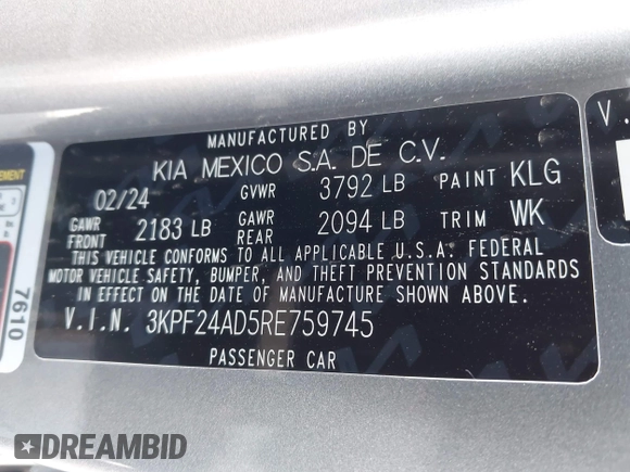 2024 Kia Forte LXS z VIN 3KPF24AD5RE759745, wystawiony jako IAAI lot #42101425 z przebiegiem 13 165 mil mil oraz . Historia ofert i sprzedaży dostępna na DreamBid. Obrazek 9.