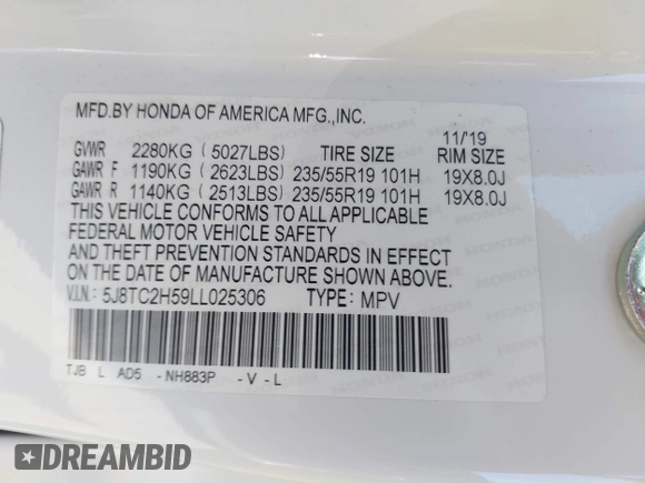 2020 Acura RDX Technology with VIN 5J8TC2H59LL025306, listed as a IAAI auction lot 40573920 with 15,545 mi miles and . Bid and sale history available at DreamBid. Image 9.
