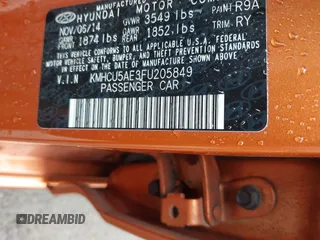 2015 Hyundai Accent Sport with VIN KMHCU5AE3FU205849, listed as a IAAI auction lot 41827093 with 112,980 mi miles. Bid and sale history available at carsss.com. Image 9.