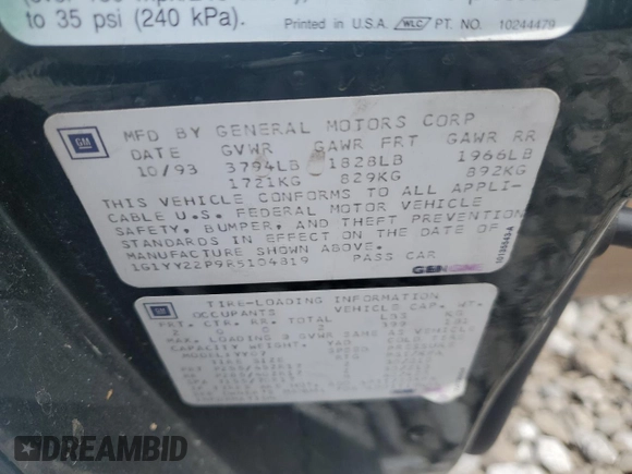 1994 Chevrolet Corvette with VIN 1G1YY22P9R5104819, listed as a Copart auction lot 55630535 with 75,430 mi miles and Salvage title. Bid and sale history available at DreamBid. Image 12.