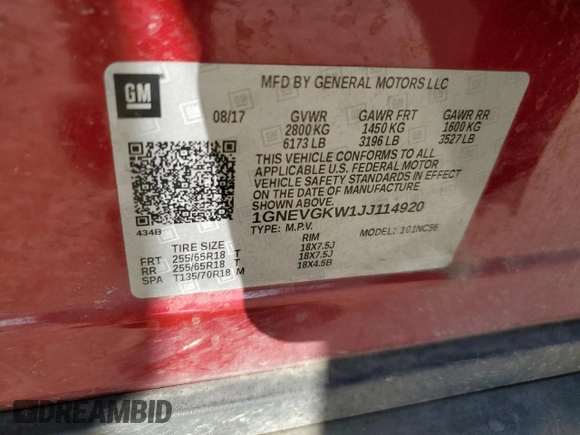 2018 Chevrolet Traverse LT Cloth with VIN 1GNEVGKW1JJ114920, listed as a Copart auction lot 49267935 with 165,640 mi miles and Salvage Title. Bid and sale history available at DreamBid. Image 13.