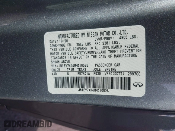 2021 Infiniti Q60 Luxe with VIN JN1EV7KK4MM410526, listed as a IAAI auction lot 41424325 with 59,349 mi miles and . Bid and sale history available at DreamBid. Image 9.