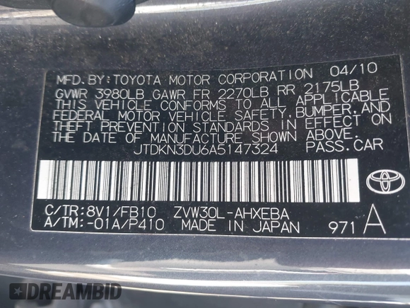 2010 Toyota Prius II with VIN JTDKN3DU6A5147324, listed as a IAAI auction lot 42194780 with 131,000 mi miles and . Bid and sale history available at DreamBid. Image 9.