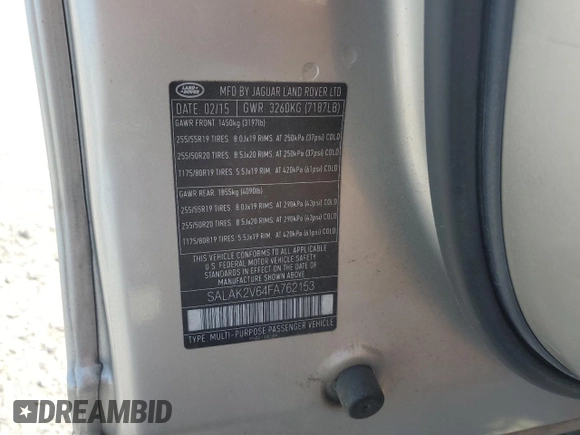 2015 Land Rover LR4 Lux z VIN SALAK2V64FA762153, wystawiony jako Copart lot #60664745 z przebiegiem 113 600 mil mil oraz Szkoda całkowita • Salvage title. Historia ofert i sprzedaży dostępna na DreamBid. Obrazek 13.