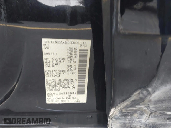 2014 Nissan Titan Pro-4X with VIN 1N6BA0EC1EN515685, listed as a IAAI auction lot 42423258 with 137,012 mi miles and . Bid and sale history available at DreamBid. Image 9.