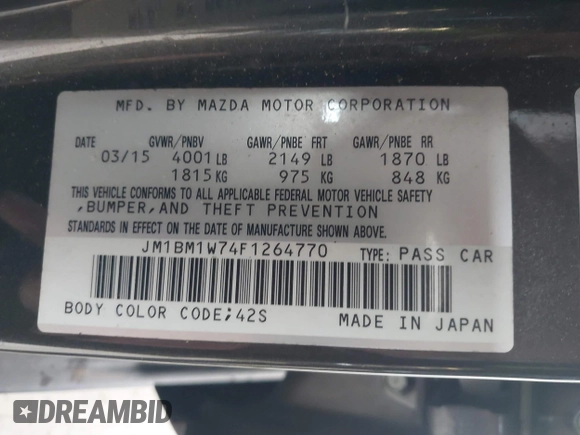 2015 Mazda 3 i Grand Touring with VIN JM1BM1W74F1264770, listed as a IAAI auction lot 42290722 with 161,617 mi miles and . Bid and sale history available at DreamBid. Image 9.
