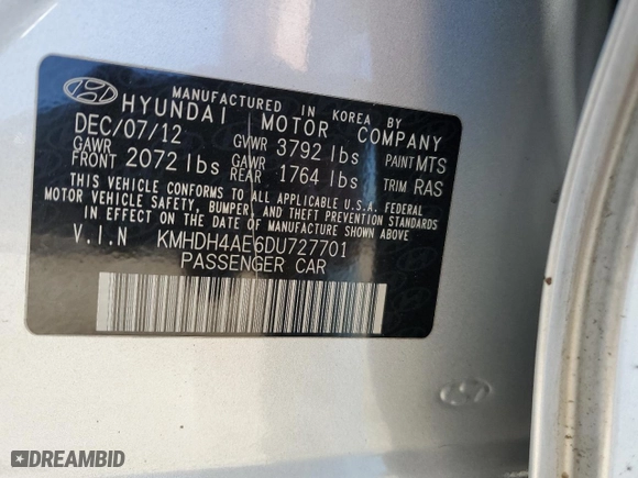 2013 Hyundai Elantra GLS PZEV with VIN KMHDH4AE6DU727701, listed as a Copart auction lot 47423245 with 0 mi miles and Salvage Title. Bid and sale history available at carsss.com. Image 14.