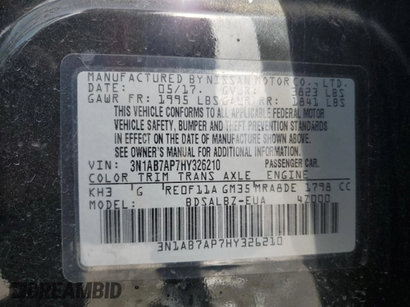 2017 Nissan Sentra S with VIN 3N1AB7AP7HY326210, listed as a Copart auction lot 50632445 with 124,160 mi miles and Salvage Title. Bid and sale history available at carsss.com. Image 12.