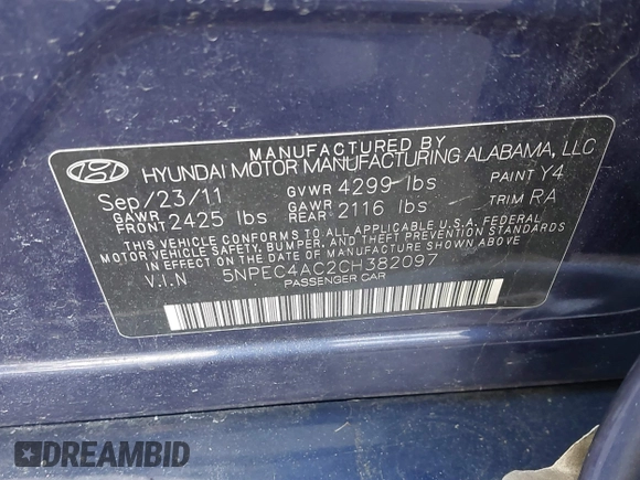 2012 Hyundai Sonata Limited with VIN 5NPEC4AC2CH382097, listed as a IAAI auction lot 41659159 with 131,880 mi miles and . Bid and sale history available at DreamBid. Image 9.