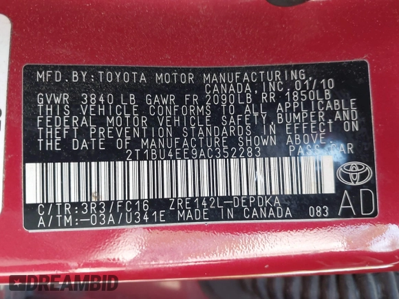 2010 Toyota Corolla with VIN 2T1BU4EE9AC352283, listed as a IAAI auction lot 42211274 with 206,158 mi miles and . Bid and sale history available at carsss.com. Image 9.