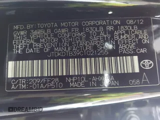 2012 Toyota Prius One with VIN JTDKDTB39C1021255, listed as a IAAI auction lot 42044059 with 190,989 mi miles. Bid and sale history available at carsss.com. Image 9.