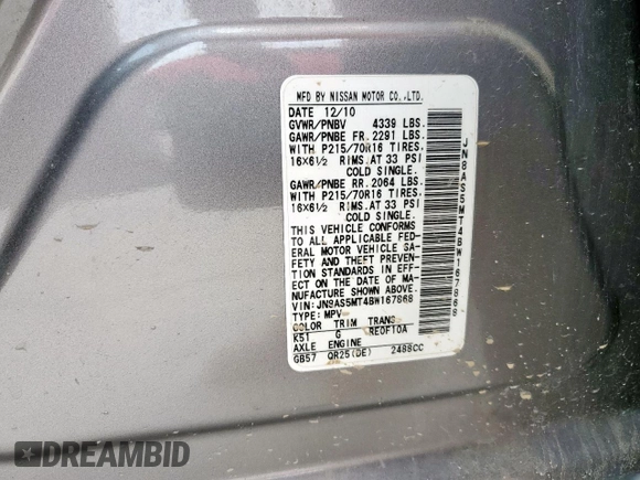 2011 Nissan Rogue SV with VIN JN8AS5MT4BW167868, listed as a Copart auction lot 51803405 with 166,381 mi miles and Salvage Title. Bid and sale history available at DreamBid. Image 14.