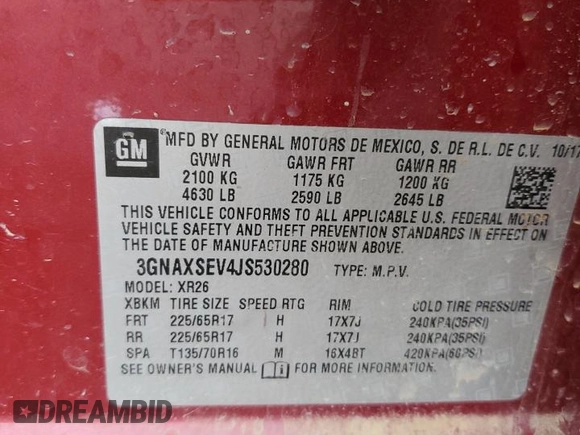 2018 Chevrolet Equinox LT with VIN 3GNAXSEV4JS530280, listed as a Copart auction lot 45481235 with 116,804 mi miles and Salvage Title. Bid and sale history available at carsss.com. Image 14.