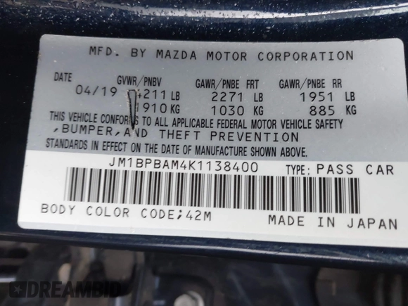 2019 Mazda 3 Select with VIN JM1BPBAM4K1138400, listed as a IAAI auction lot 41488458 with 39,913 mi miles and . Bid and sale history available at DreamBid. Image 9.