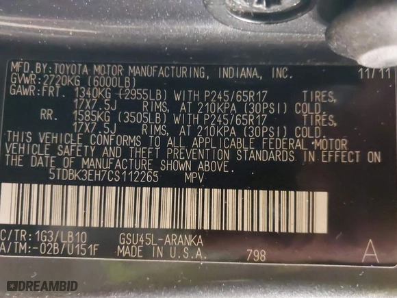 2012 Toyota Highlander with VIN 5TDBK3EH7CS112265, listed as a IAAI auction lot 41923167 with 113,655 mi miles. Bid and sale history available at carsss.com. Image 9.