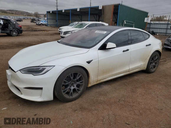 2022 Tesla Model S Plaid with VIN 5YJSA1E69NF461067, listed as a Copart auction lot 50060685 with 46,785 mi miles and Salvage Title. Bid and sale history available at DreamBid. Image 1.