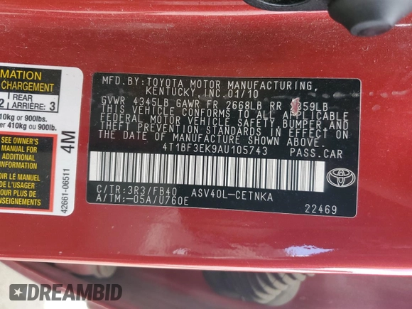 2010 Toyota Camry z VIN 4T1BF3EK9AU105743, wystawiony jako Copart lot #48596965 z przebiegiem 205 265 mil mil oraz Szkoda całkowita • Salvage title. Historia ofert i sprzedaży dostępna na DreamBid. Obrazek 12.