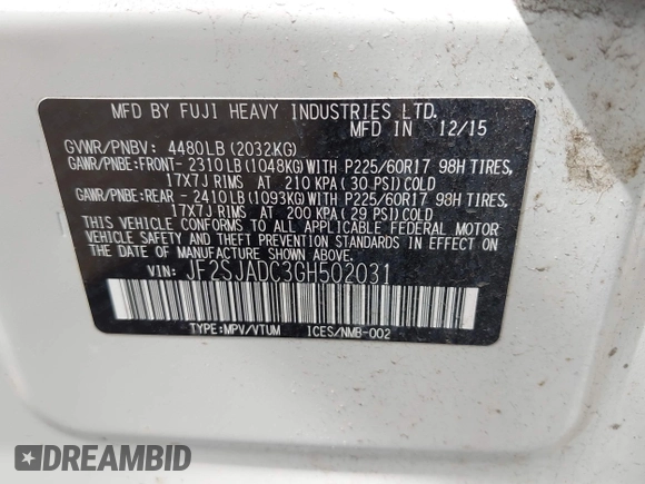 2016 Subaru Forester 2.5i Premium with VIN JF2SJADC3GH502031, listed as a IAAI auction lot 42086484 with 51,261 mi miles. Bid and sale history available at carsss.com. Image 9.