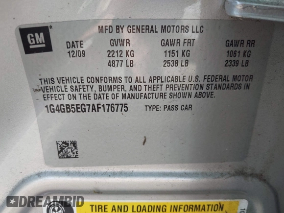 2010 Buick LaCrosse CX with VIN 1G4GB5EG7AF176775, listed as a IAAI auction lot 42122083 with 101,270 mi miles. Bid and sale history available at carsss.com. Image 9.