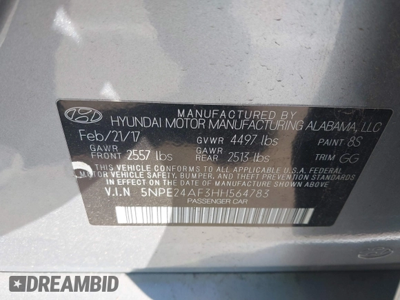 2017 Hyundai Sonata SE with VIN 5NPE24AF3HH564783, listed as a IAAI auction lot 41744125 with Not Provided miles. Bid and sale history available at carsss.com. Image 9.