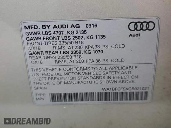 2016 Audi Q3 Premium Plus z VIN WA1BFCFSXGR021021, wystawiony jako Copart lot #54739915 z przebiegiem 125 602 mil mil oraz Szkoda całkowita • Salvage title. Historia ofert i sprzedaży dostępna na DreamBid. Obrazek 14.