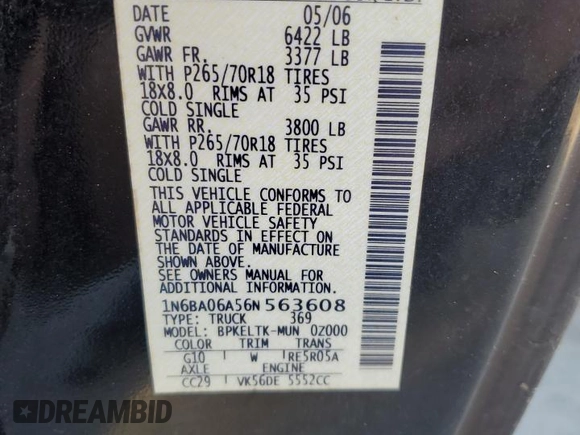 2006 Nissan Titan SE with VIN 1N6BA06A56N563608, listed as a Copart auction lot 88769975 with Not Provided miles and Salvage Title. Bid and sale history available at DreamBid. Image 12.