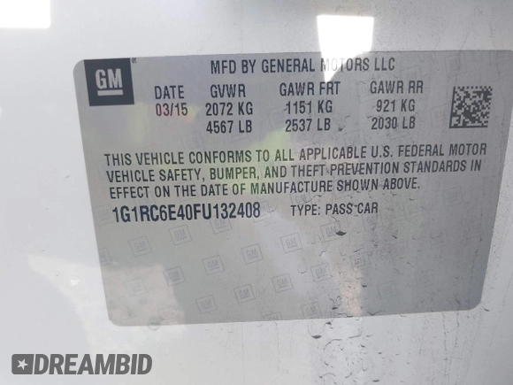 2015 Chevrolet Volt with VIN 1G1RC6E40FU132408, listed as a IAAI auction lot 41970108 with 82,038 mi miles and . Bid and sale history available at DreamBid. Image 9.
